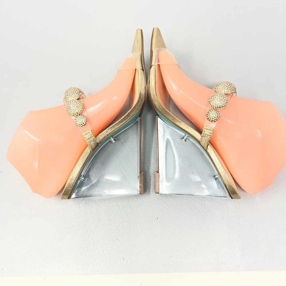 Betsey Johnson Women Sandals 8.5 Y2K Clear Heel Gold Statement Rhinestone Party